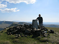 On the summit of Beinn Edra with the south Trotternish ridge and the Cuillin ridge behi